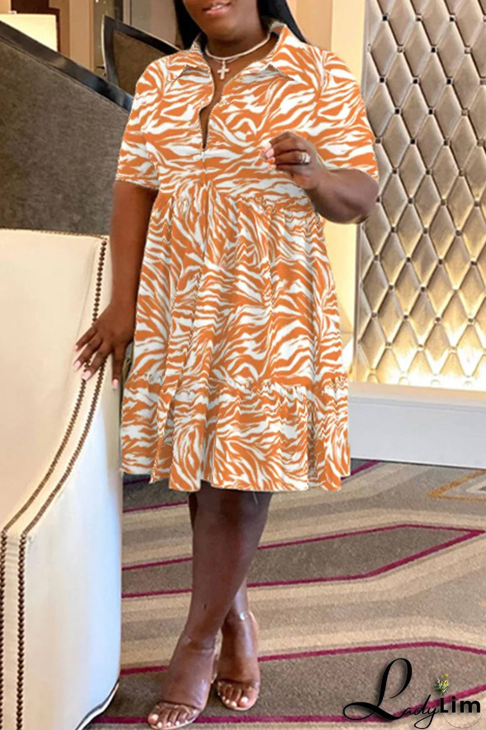 Purple Casual Print Patchwork Fold Turndown Collar A Line Plus Size Dresses