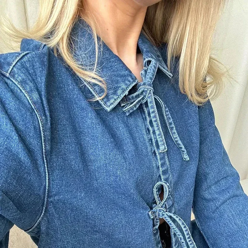 Huiketi Lace Up Women Denim Jackets Casual Loose Lapel Long Sleeve Pocket Female Coats 2024 Spring Bow Office Lady Overcoat New