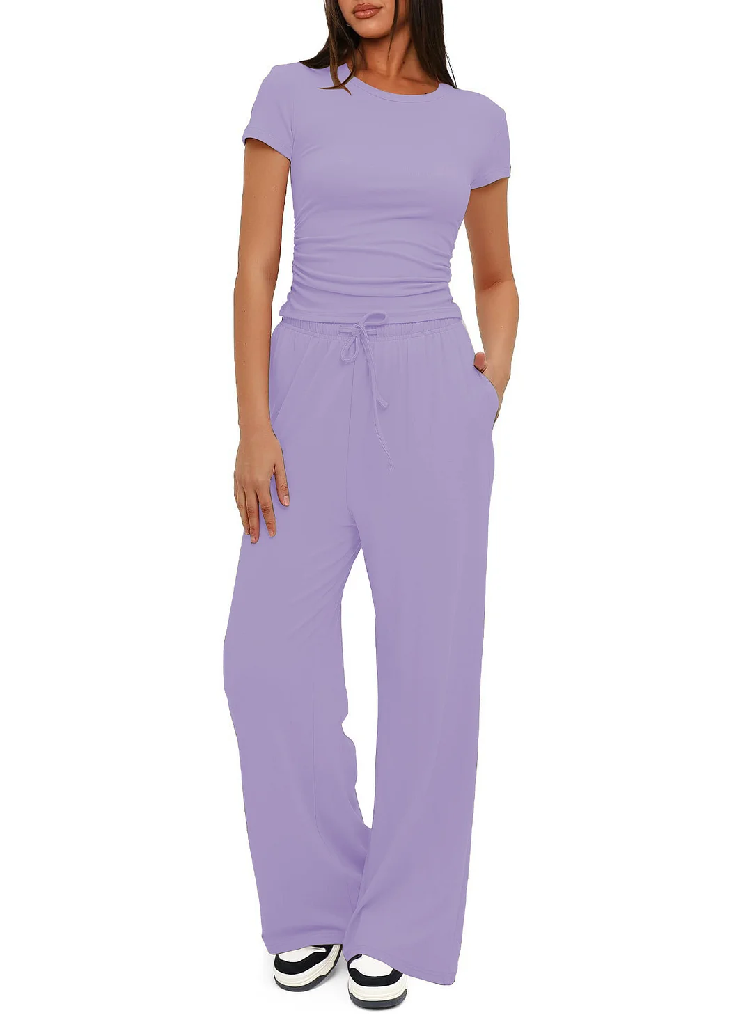 Nigikala Nigikala Suit Folding 2025 New Solid Short-Sleeved Top High-Rise Broad Leg Pants Sportswear