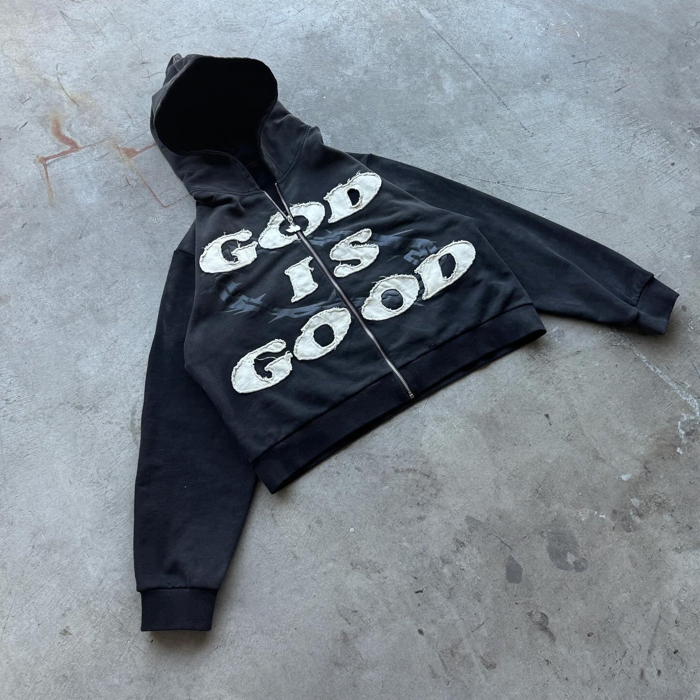 Vintage God Is Good Pattern Washed Cotton Zipper Hoodie