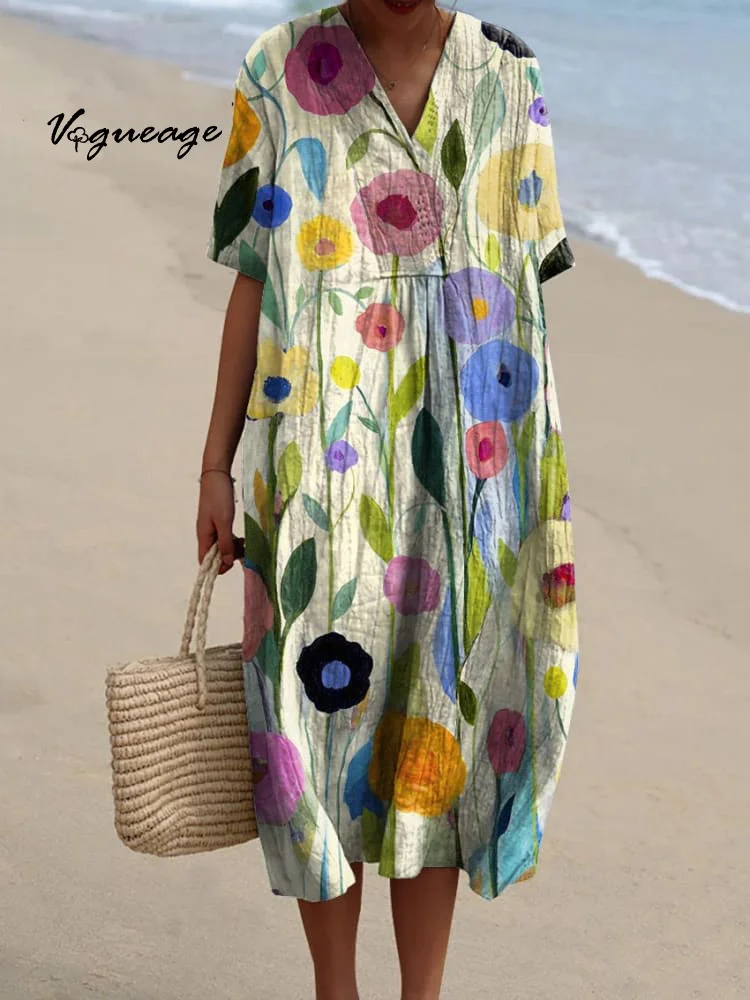 Elegant Hand Drawn Flowers Plants Printed Women's Casual Cotton And Linen Dress