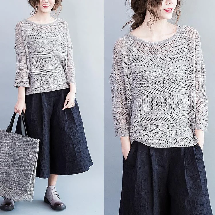 Light gray Linen knit sweater top loose knitted pullover