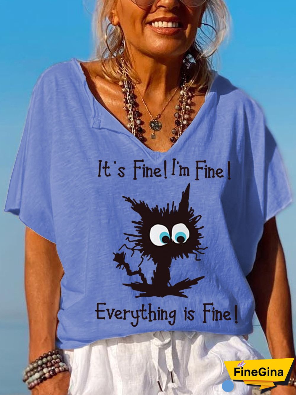 Women's It's Fine I'm Fine Everything Is Fine Funny Cat V-Neck Tee