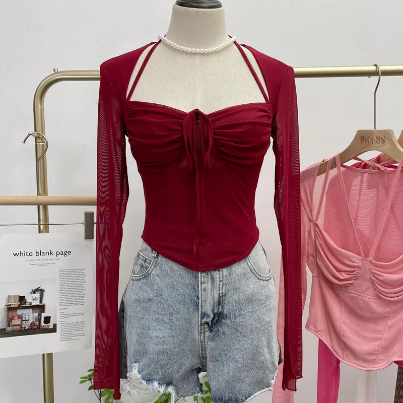 Churchf Sexy Hot Tie Tie With Hanging Neck Long-Sleeved Mesh T-Shirt Repair Short Open Fork Cuff Top 8932