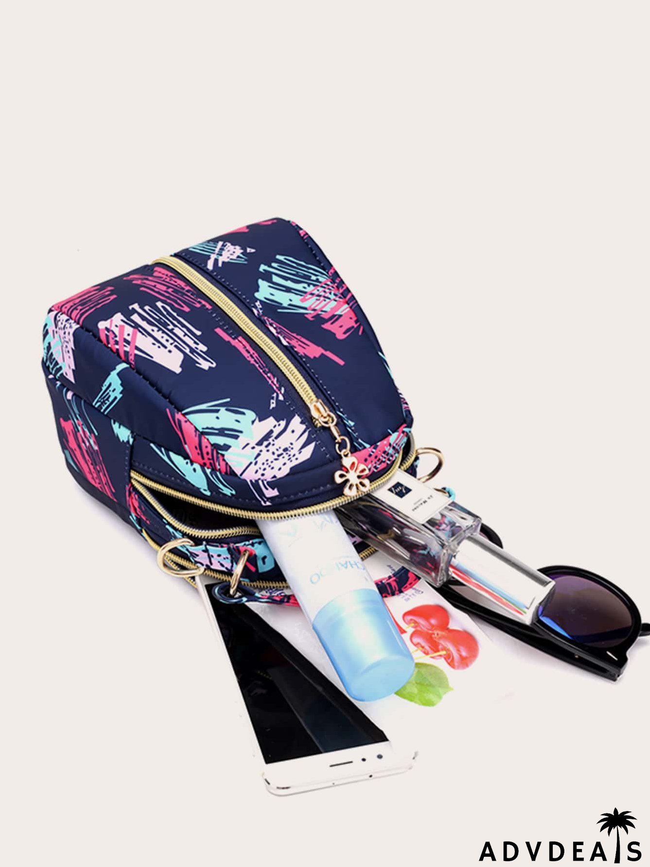 Brush Print Flower Zip Satchel Bag