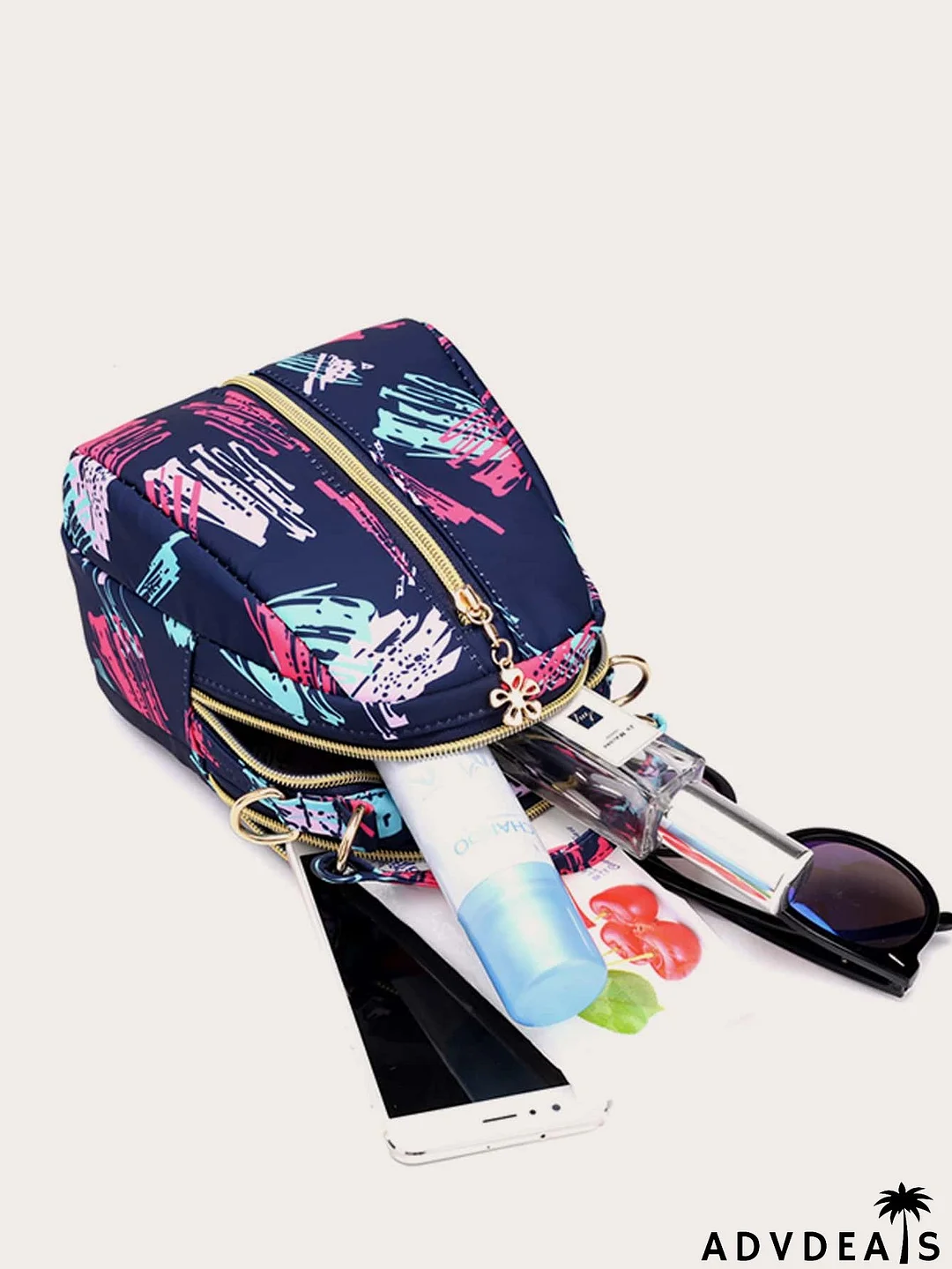 Brush Print Flower Zip Satchel Bag