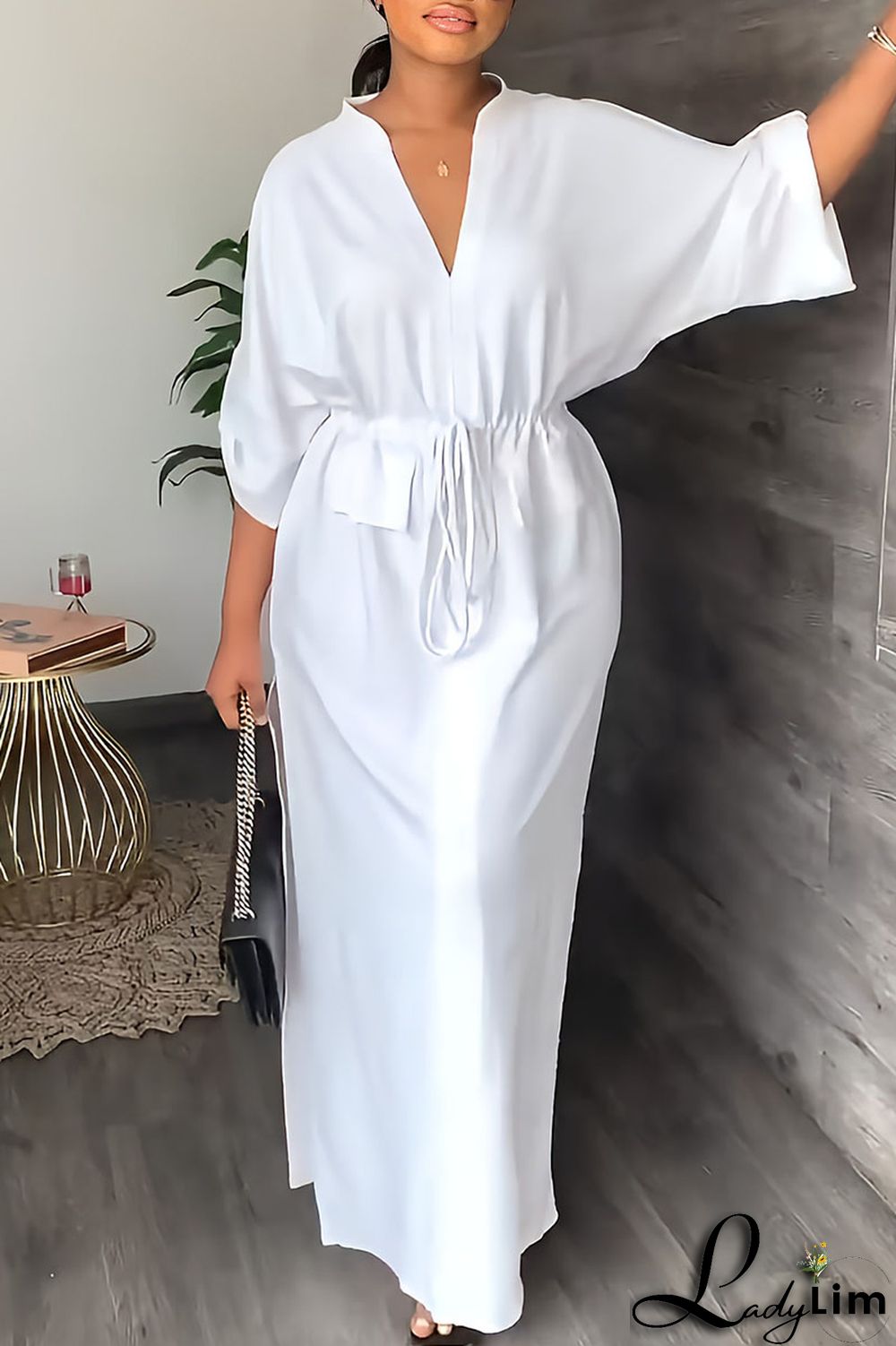 White Casual Solid Patchwork V Neck Straight Dresses