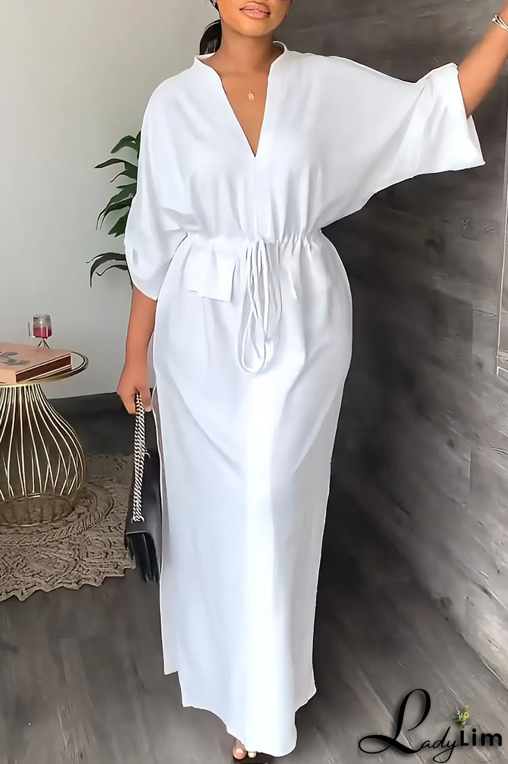 White Casual Solid Patchwork V Neck Straight Dresses
