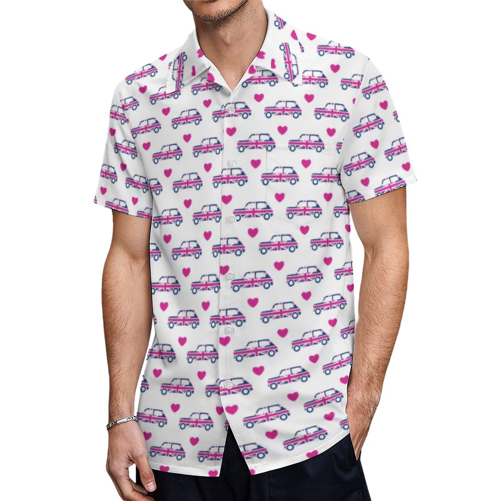 British Mini Cooper Hearts Blue Pink Hawaiian Shirt Mens Button Down Plus Size Tropical Hawaii Beach Shirts