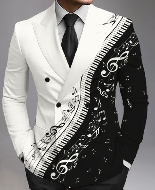 Business Peaked Lapel Double Breasted Piano Notes Print Blazer