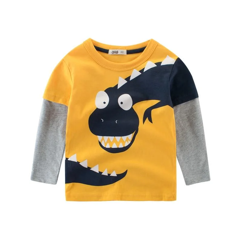 2-8 Years Kids T-shirts Boys Dinosaur Print Tops Girls Splice Long Sleeve T Shirt Children Autumn Winter Solid Cotton Sweatshirt