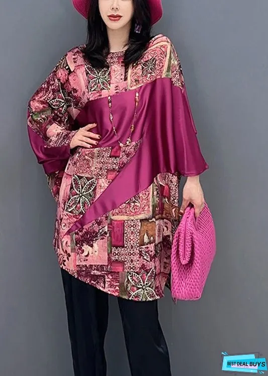 Women Red O-Neck Print Patchwork Top Batwing Sleeve