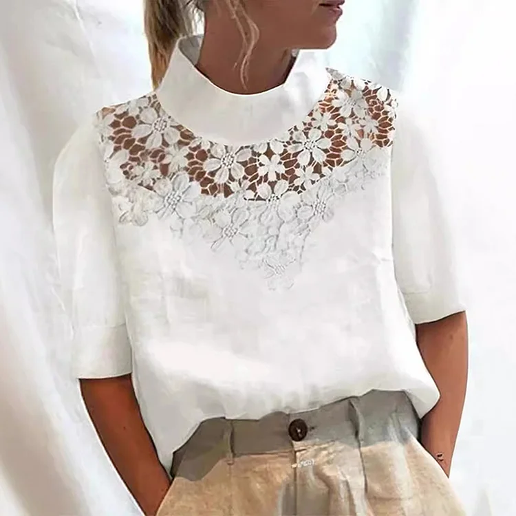 Solid Color Lace Patchwork Half Turtleneck Blouse
