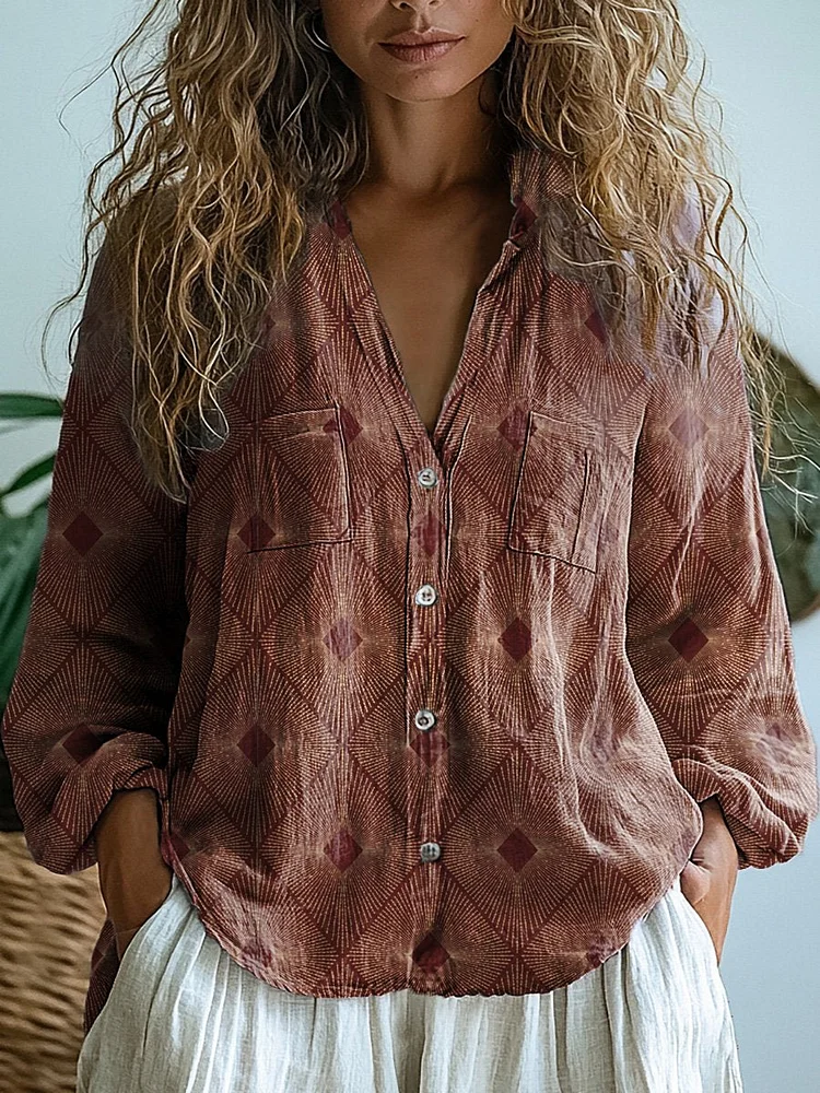 Dark Color Geometric Pattern Printed Women's Casual Long Sleeve Comfortable Cotton Shirt