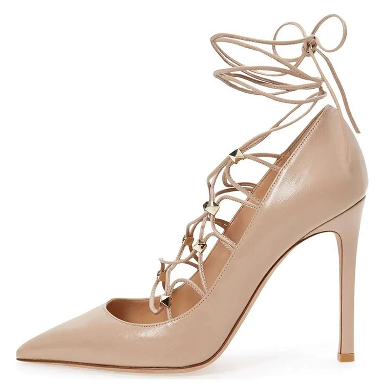 Nude Strappy Pointy Toe Stiletto Heel Lace Up Heels Vdcoo