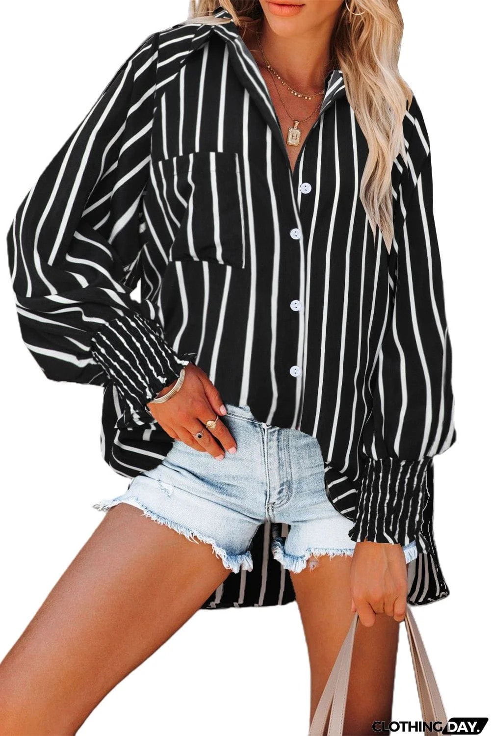 Pocketed Striped Button Shirt with Slits