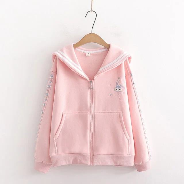 Cute Pink Fleece Cartoon Embroidery Zipper Jacket BE073
