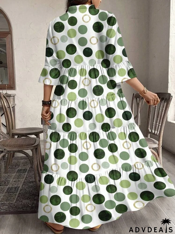Casual & Elegant Plus Size Women Polka Dot Print Midi Dress, Spring & Autumn