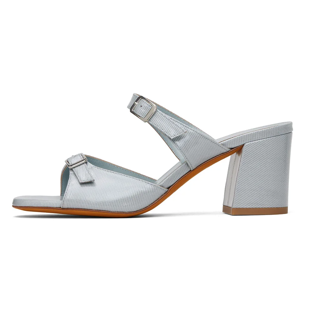 Light Blue Open Toe Chunky Heel Buckle Strap Slip On Slide Sandals