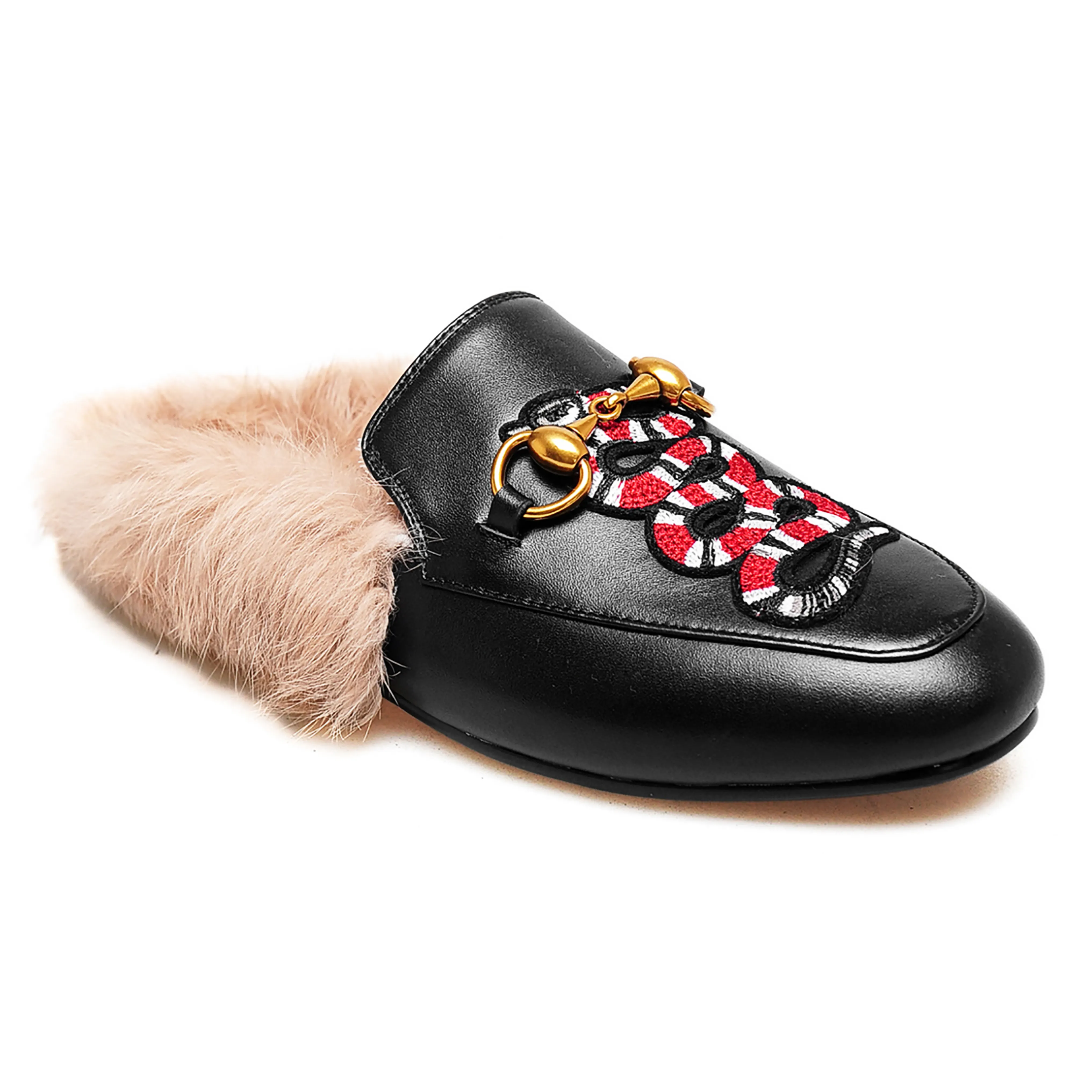 Black Red Snake Pattern Rabbit Fur Flats Mules Shoes-vocosishoes