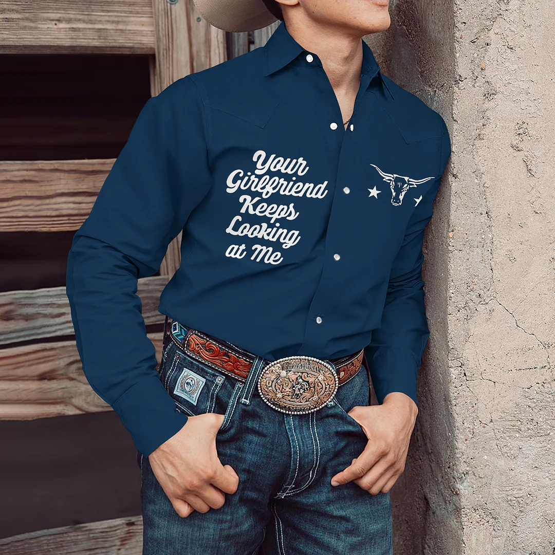 Western Look At Me Bull Print Long Sleeve Shirt