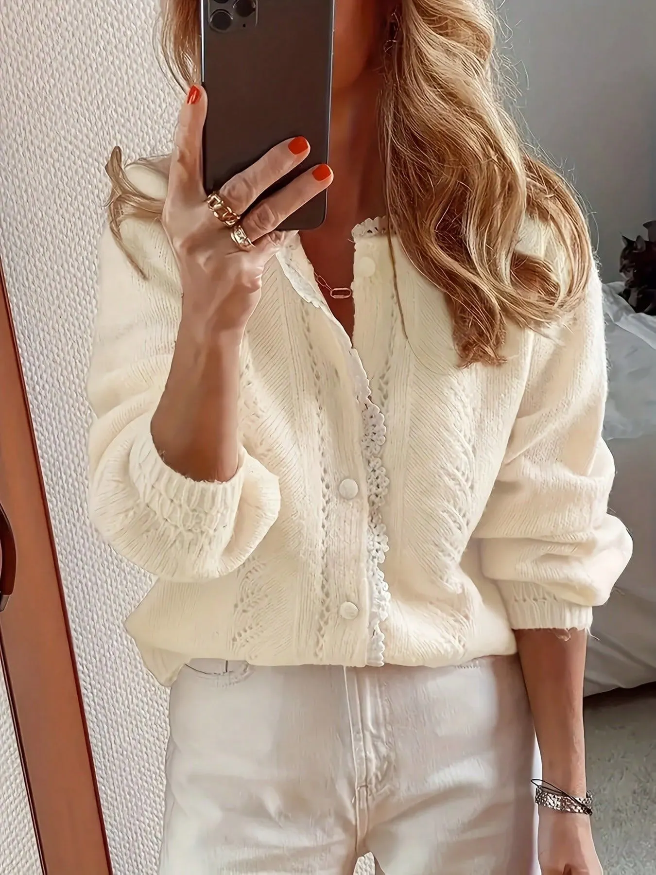 Women Lace Trim Cable Knit Cardigan
