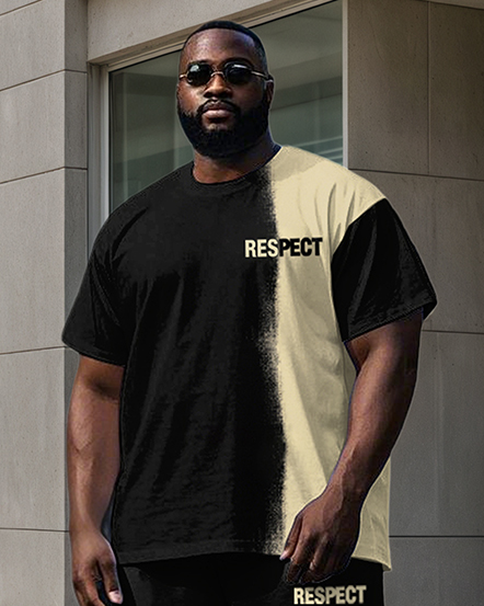 Big Men's Casual Simple Splicing Style Letter RESPECT Printed Short Sleeve T-shirt Pants Set