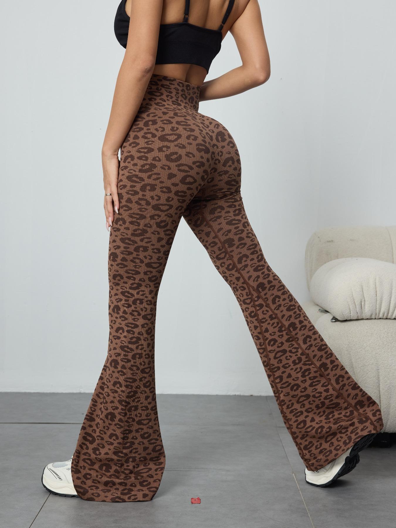 Women's Leopard Print Seamless Knit Flared Pants, High Waist Butt Lifting Yoga Training Pants, Sporty Fashion Casual Wear, Flared Yoga Bottoms