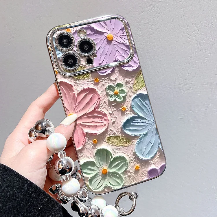 Etui na telefon Apple z galwanizowanymi kwiatami (bezpłatna bransoletka z pereł)