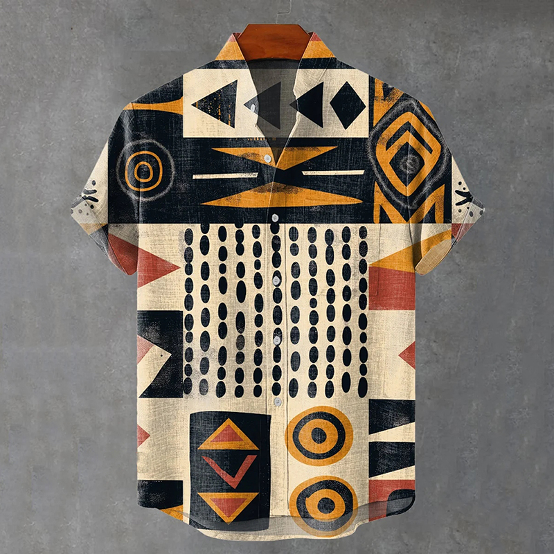 Vintage Abstract African Tribal Geometric Totem Print Casual Cotton Shirt