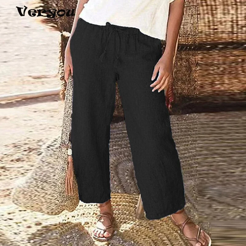Oversize Women Elastic Waist Ankle Pants Casual Cotton Linen Pants Loose Capri Harem Trousers Female Summer Solid Color Pant