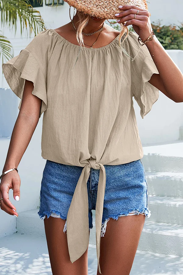 Casual Pleated Ruffled Crew Neck Pullover Lace Up Shirts