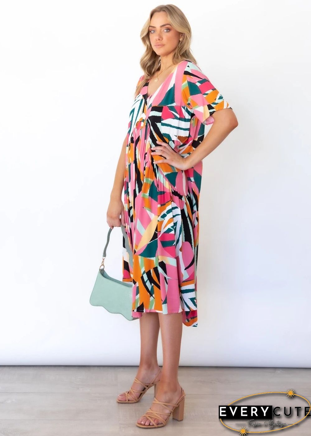 Loose V Neck Printed Short Sleeve Dress