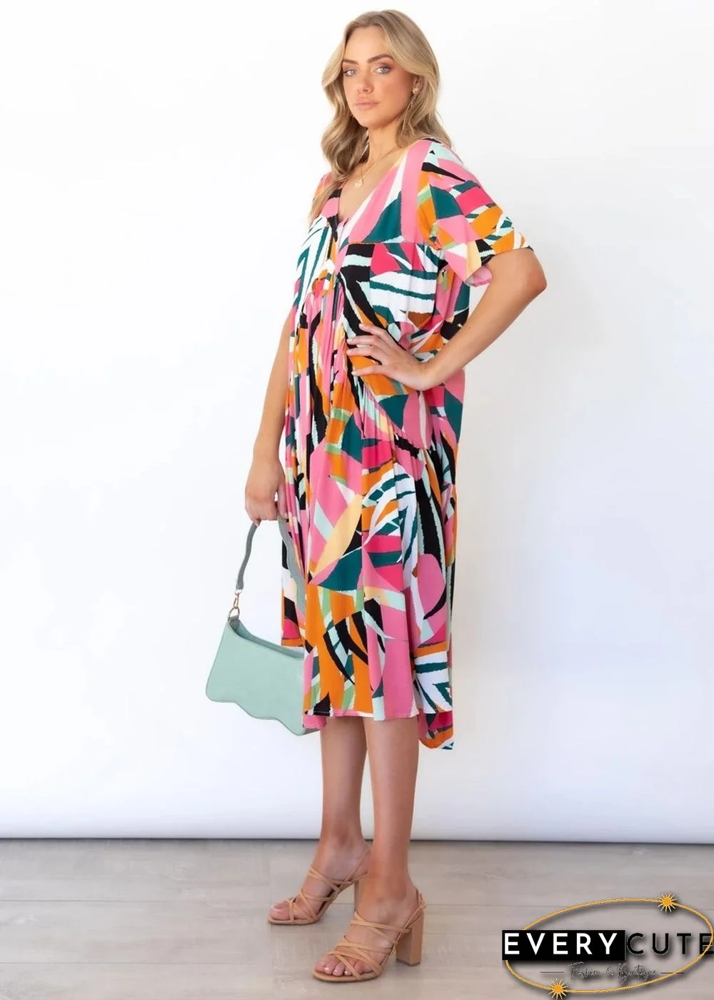 Loose V Neck Printed Short Sleeve Dress