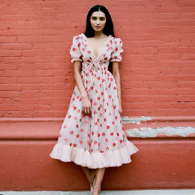 Women's Pink Strawberry Embroidery Tulle Dress