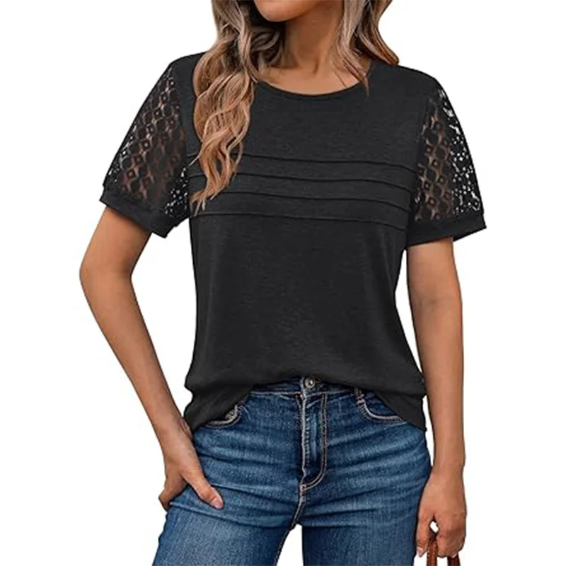 Athvotar Athvotar Summer New Women's Casual Loose Round-Neck Lady T-Shirt Solid Color Lace Splicing