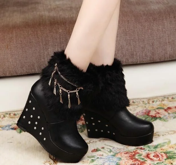 Vstacam 2022 Wedge Women Boots Beaded Winter Women Shoes Platform Warm Fur Shoes Woman Ankle White Snow Boots WBS4015