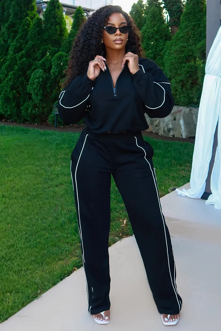 Contrast Line Half-Zip Sweatshirt Wide Leg Pants 2pcs Set-Black [Pre Order]