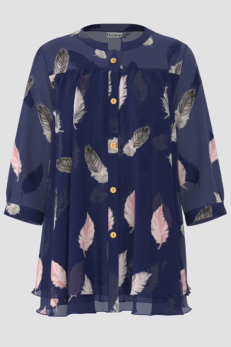 Flycurvy Plus Size Casual Navy Blue Feathers Print Plaeted 3/4 Sleeve Blouses