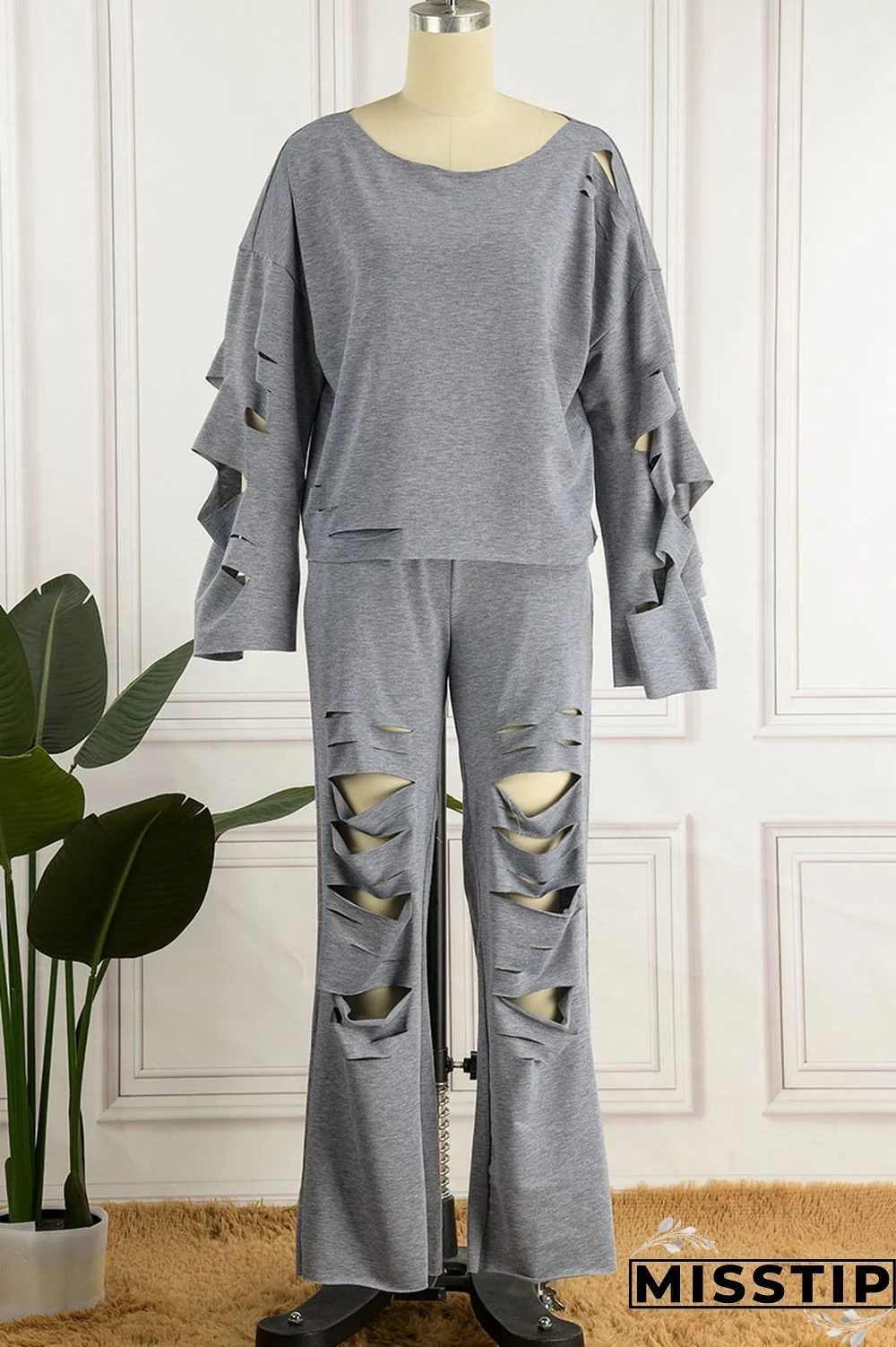 Yellow Casual Street Solid Ripped Hollowed Out Patchwork Oblique Collar Long Sleeve Two Pieces