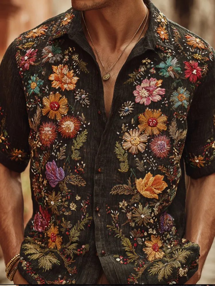 Bohemian Style Colored Floral Diamond Black Men's Vintage Lapel Short-sleeved Shirt