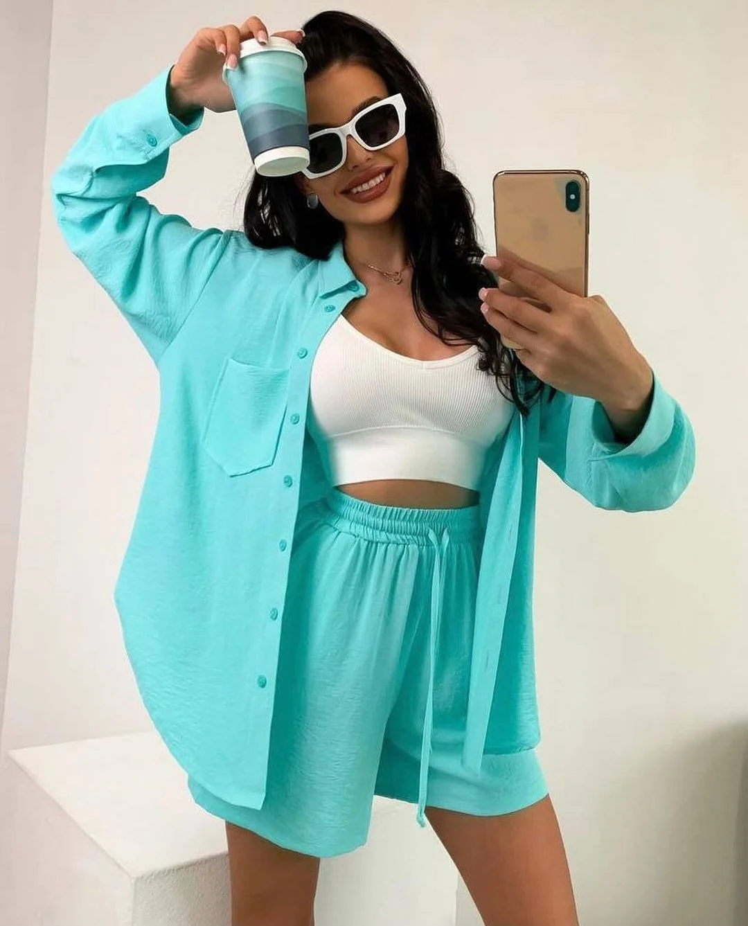 Nigikala Nigikala Women's Solid Color Single Row Buckle Long-Sleeved Shirt Loose Fashion Casual Shorts Set