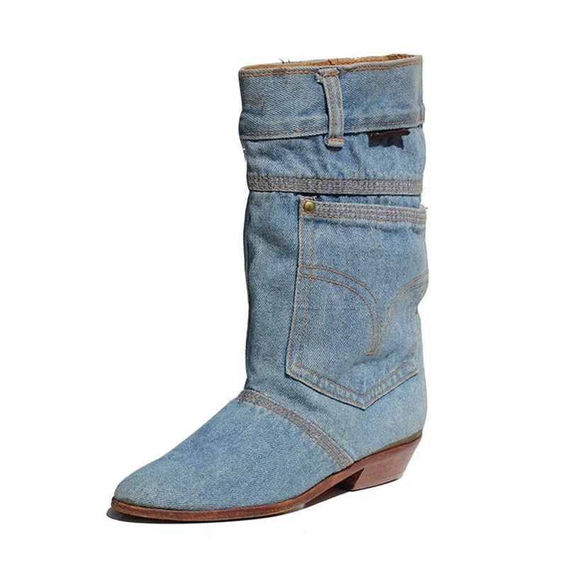 Low Heel Casual Boots Ladies Jeans Leather Fashion New Mid Calf Boots Women Shoes Pointed Toe Cowboy Boots Big Size BeautyFeet