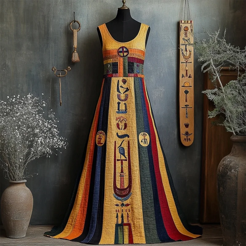 Ancient Egyptian Elements Inspired Flowy Linen Maxi Dress