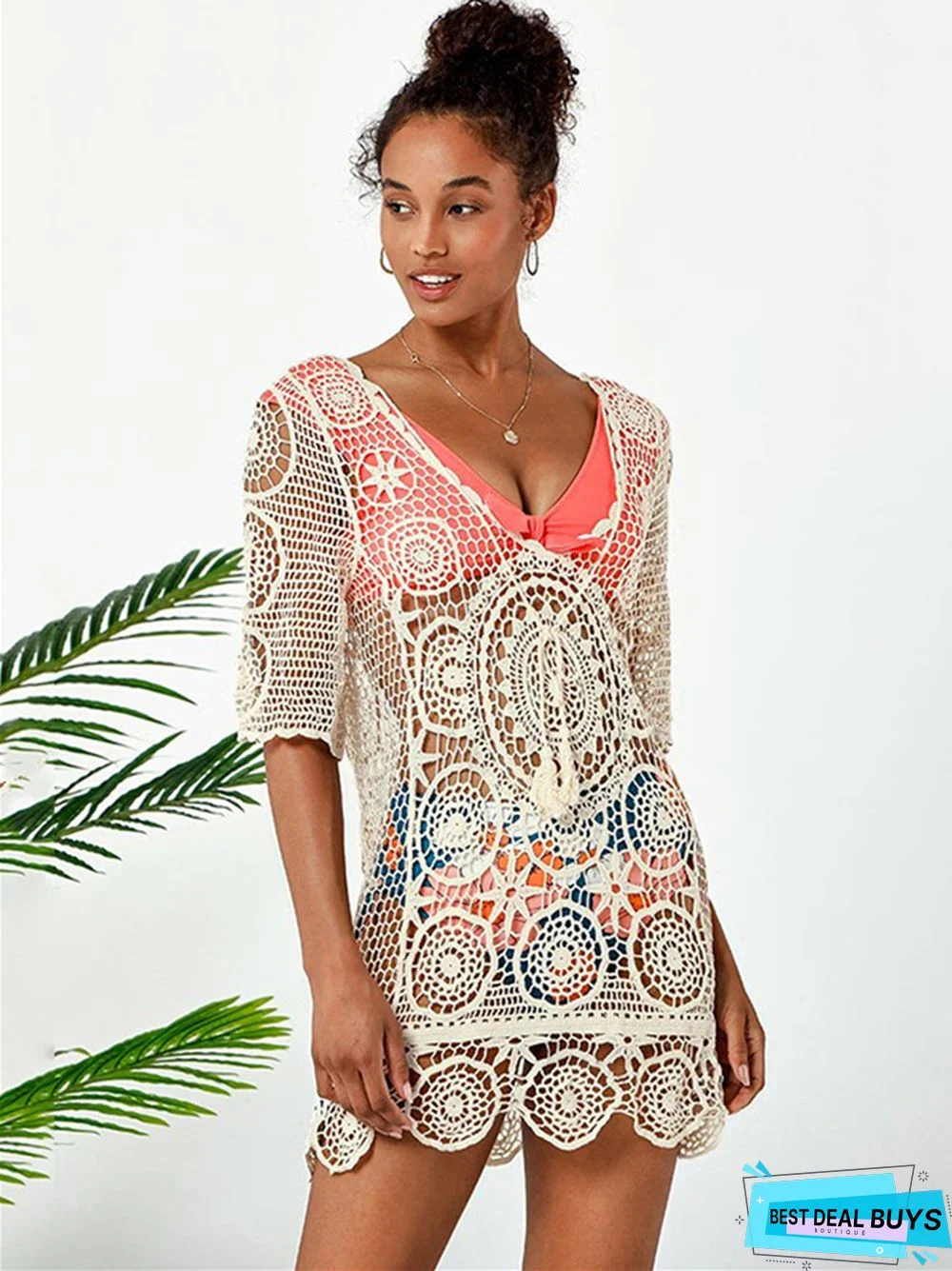 Lace Cut-Out Blouse Short Sleeved Sunscreen Beach Bikini White Dresses