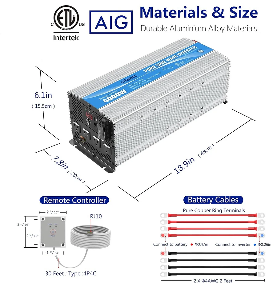 4000W Pure Sine Wave Power Inverter 12V DC to 110V 120V AC