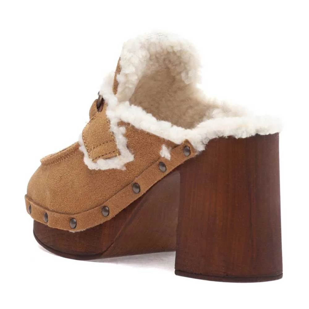 Brown Faux Fur Metal Chain Platform Mules for Women with Studs