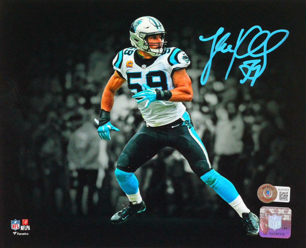 Luke Kuechly Autographed Panthers B&W Spotlight 8x10 FP Photo Poster painting- Beckett W *Teal