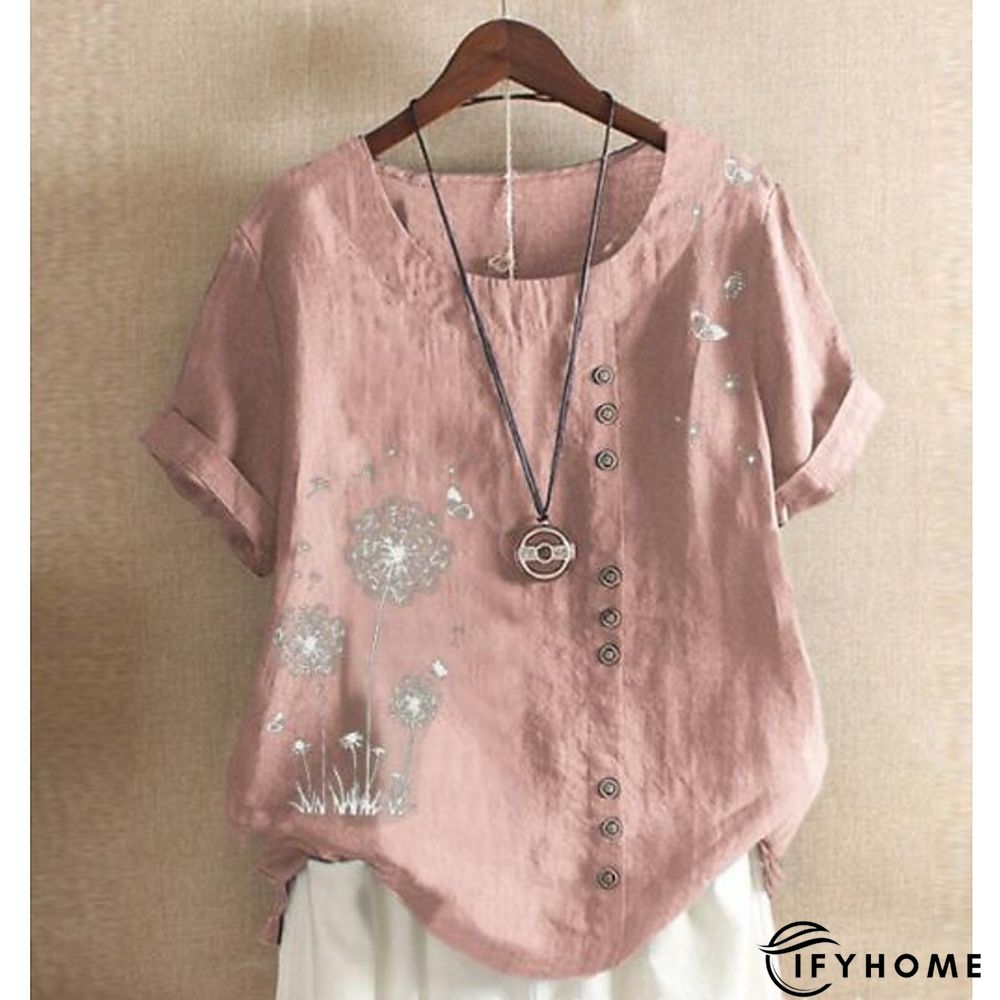 Women's Shirt Blouse Graphic Floral Short Sleeve Date Vacation Daily Casual Crew Neck Cotton Slim L | IFYHOME