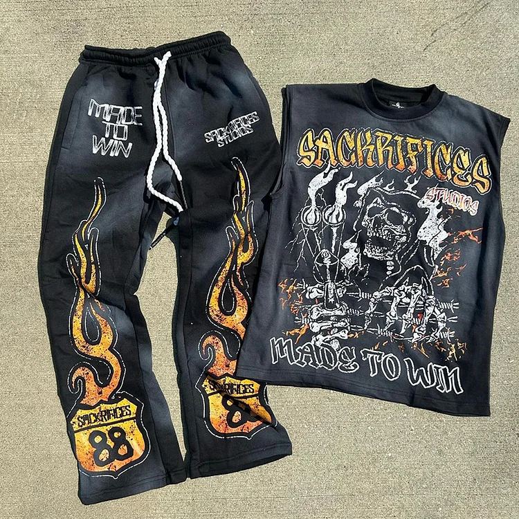 Skull Runner Flame Vintage Graphic Tank Top & Flared Sweatpants SOPULA